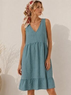 Linen Dusty Blue Sleeveless V-Neck Ruffle-Hem Mini Dress